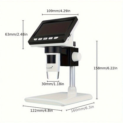 HD Digital Microscope With 8 LED, 1080P 1000X Magnification, 4.3" IPS Screen, 5H Battery Life, 2MP Imaging, USB & PC Compatible For Personal Computer, Biological & Electron Microscopy