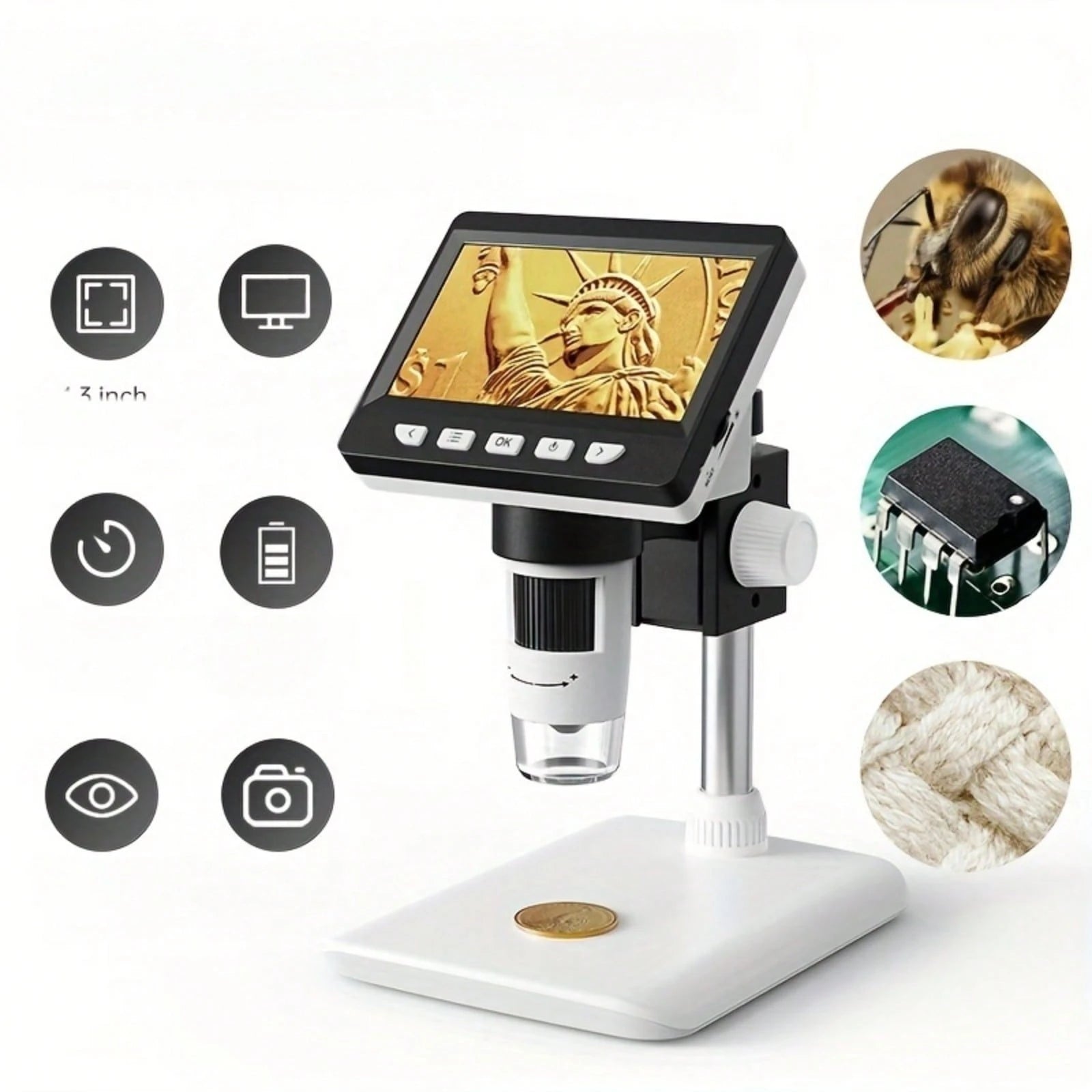 HD Digital Microscope With 8 LED, 1080P 1000X Magnification, 4.3" IPS Screen, 5H Battery Life, 2MP Imaging, USB & PC Compatible For Personal Computer, Biological & Electron Microscopy