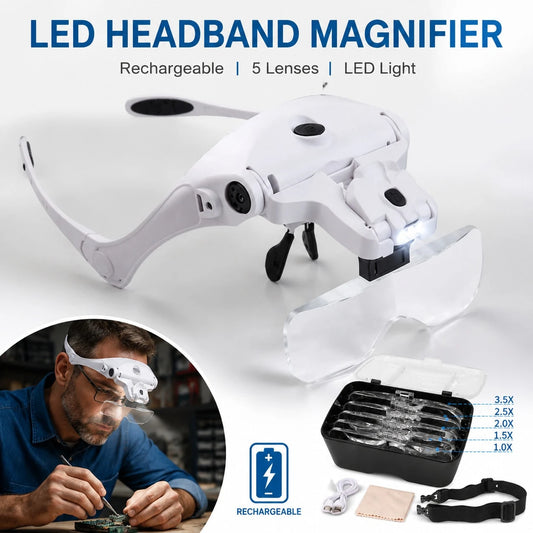 Headband Magnifying Glasses, USB Rechargeable LED Head Magnifier With Interchangeable Lenses, 1.5X, 2X, 2.5X, 3X, 3.5X Magnification