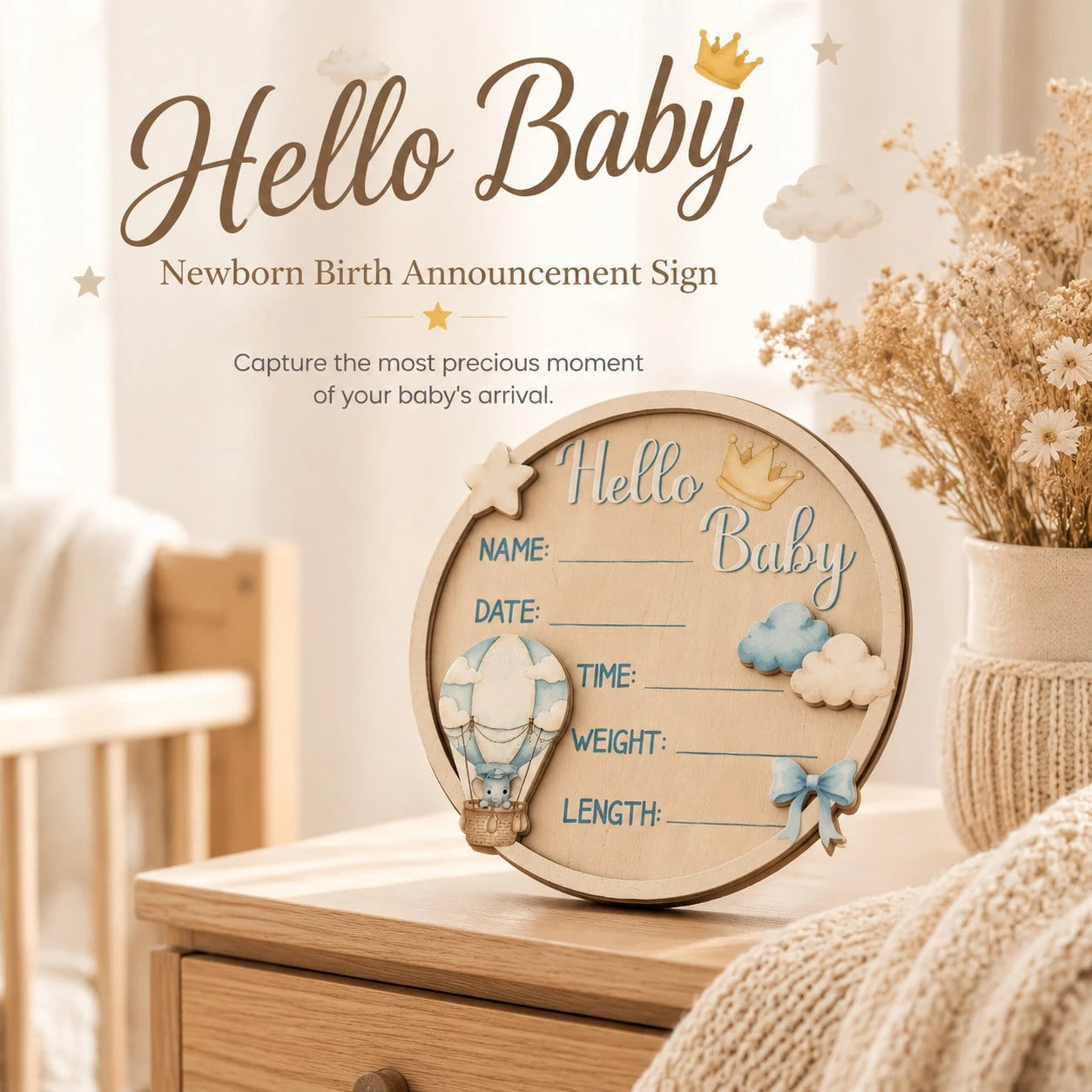 Hello World Wooden Baby Birth Announcement Newborn Sign For Hospital, Name Date Time Weight Length Board, Baby Nursery Photo Prop