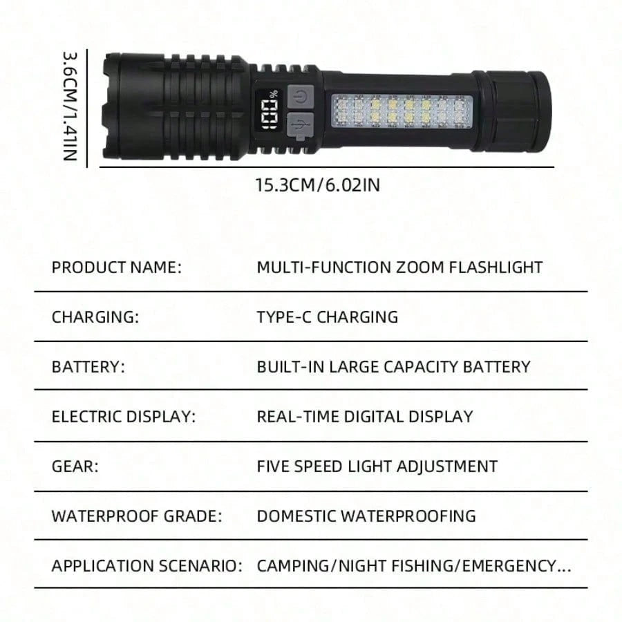 High Power LED Flashlight Portable Zoom Torch Type-C Rechargeable Waterproof Light With COB Side Lamp For Outdoor Camping Hiking