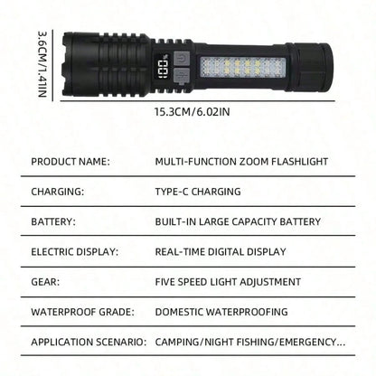 High Power LED Flashlight Portable Zoom Torch Type-C Rechargeable Waterproof Light With COB Side Lamp For Outdoor Camping Hiking