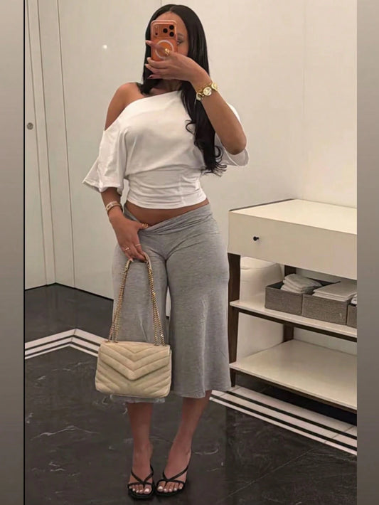 High Waist Wide Leg Cropped Pants, Women Low Rise Stretch Loose Wide Leg Sweatpants, Elegant Solid Slim Wide Leg Pants For Commute & Sports