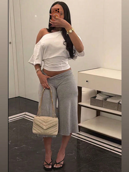 High Waist Wide Leg Cropped Pants, Women Low Rise Stretch Loose Wide Leg Sweatpants, Elegant Solid Slim Wide Leg Pants For Commute & Sports