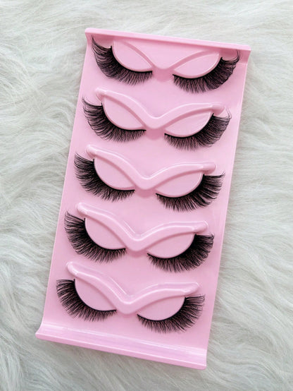 Hinarin 5 Pairs Cat Eye False Eyelashes, 3D Effect, Short Length, Natural Look, Slender D-Curl Faux Mink Eyelashes, Elongated Eye Tail, Dense Fox Eye False Eyelashes, Strip False Eyelashes, Eyelashes