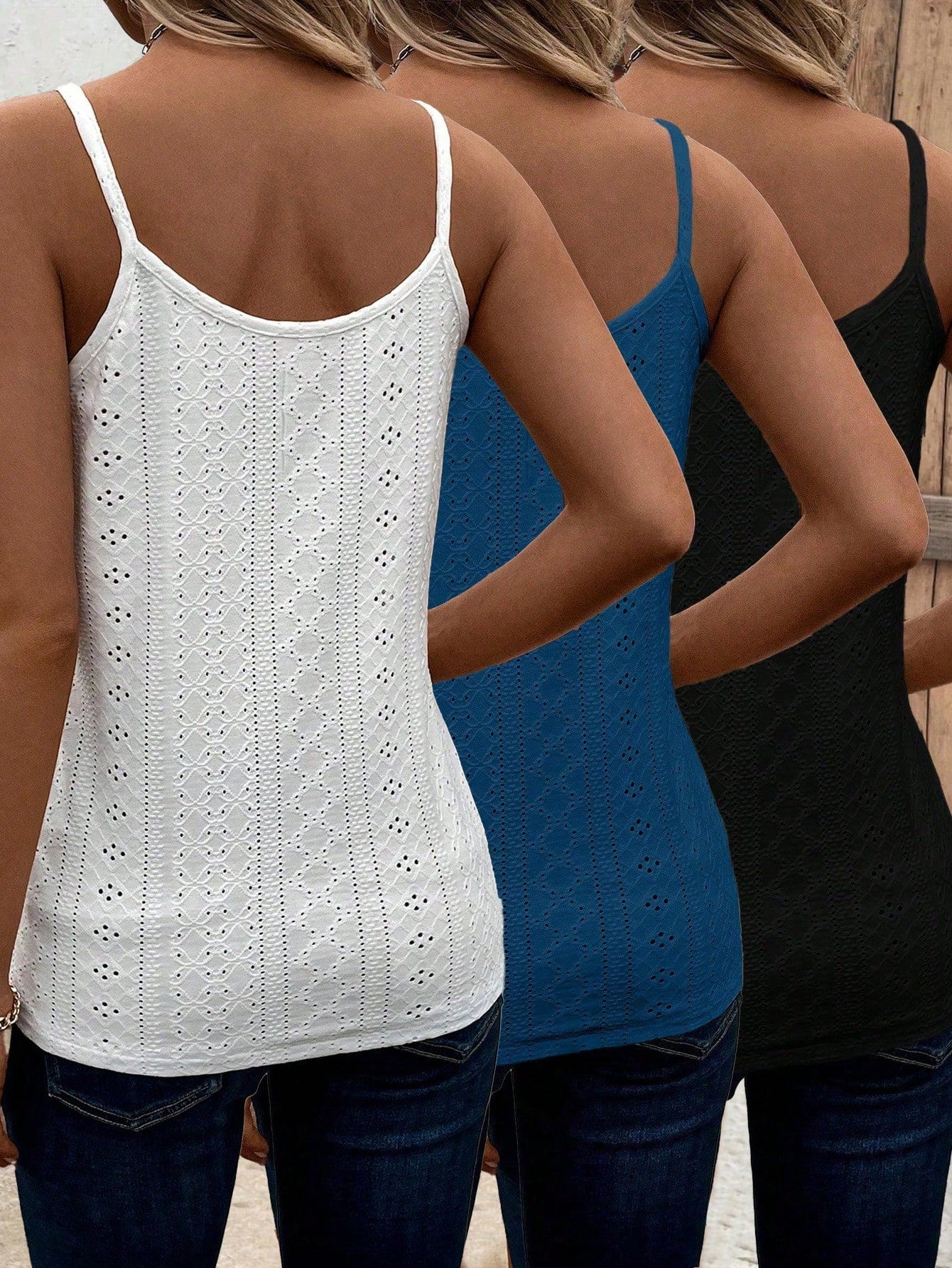 Holidaya 3pcs/Set Knitted Texture Hollow-Out Lace Patchwork Casual Vacation Spaghetti Strap Tank Tops For Women