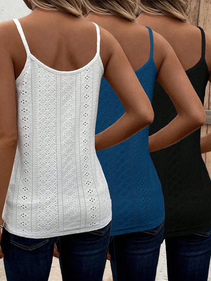 Holidaya 3pcs/Set Knitted Texture Hollow-Out Lace Patchwork Casual Vacation Spaghetti Strap Tank Tops For Women
