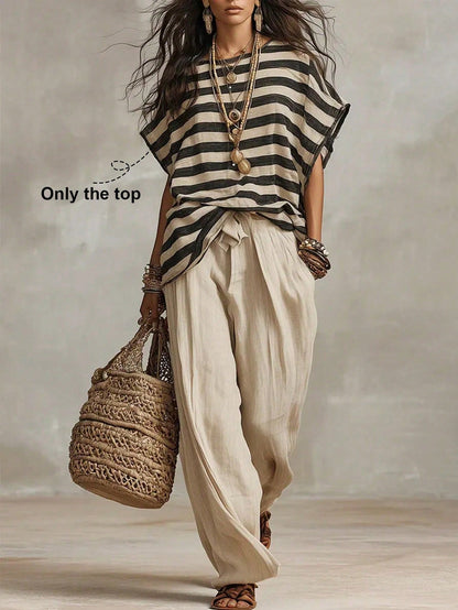 Holidaya French Elegant Woven Striped Fabric Round Neck Short Sleeve Loose Fit Faux Linen Fabric, Elegant Women's Blouse, Summer, Beach, Outing Top, Vacation, Country Style