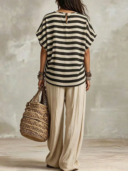 Holidaya French Elegant Woven Striped Fabric Round Neck Short Sleeve Loose Fit Faux Linen Fabric, Elegant Women's Blouse, Summer, Beach, Outing Top, Vacation, Country Style