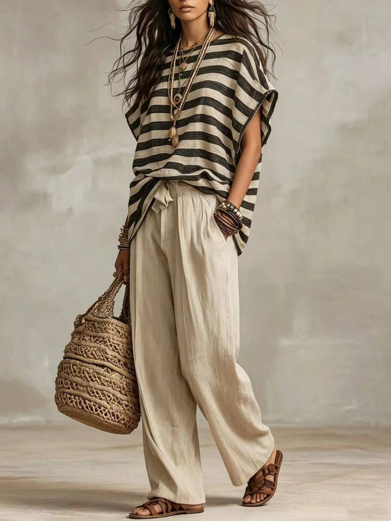 Holidaya French Elegant Woven Striped Fabric Round Neck Short Sleeve Loose Fit Faux Linen Fabric, Elegant Women's Blouse, Summer, Beach, Outing Top, Vacation, Country Style