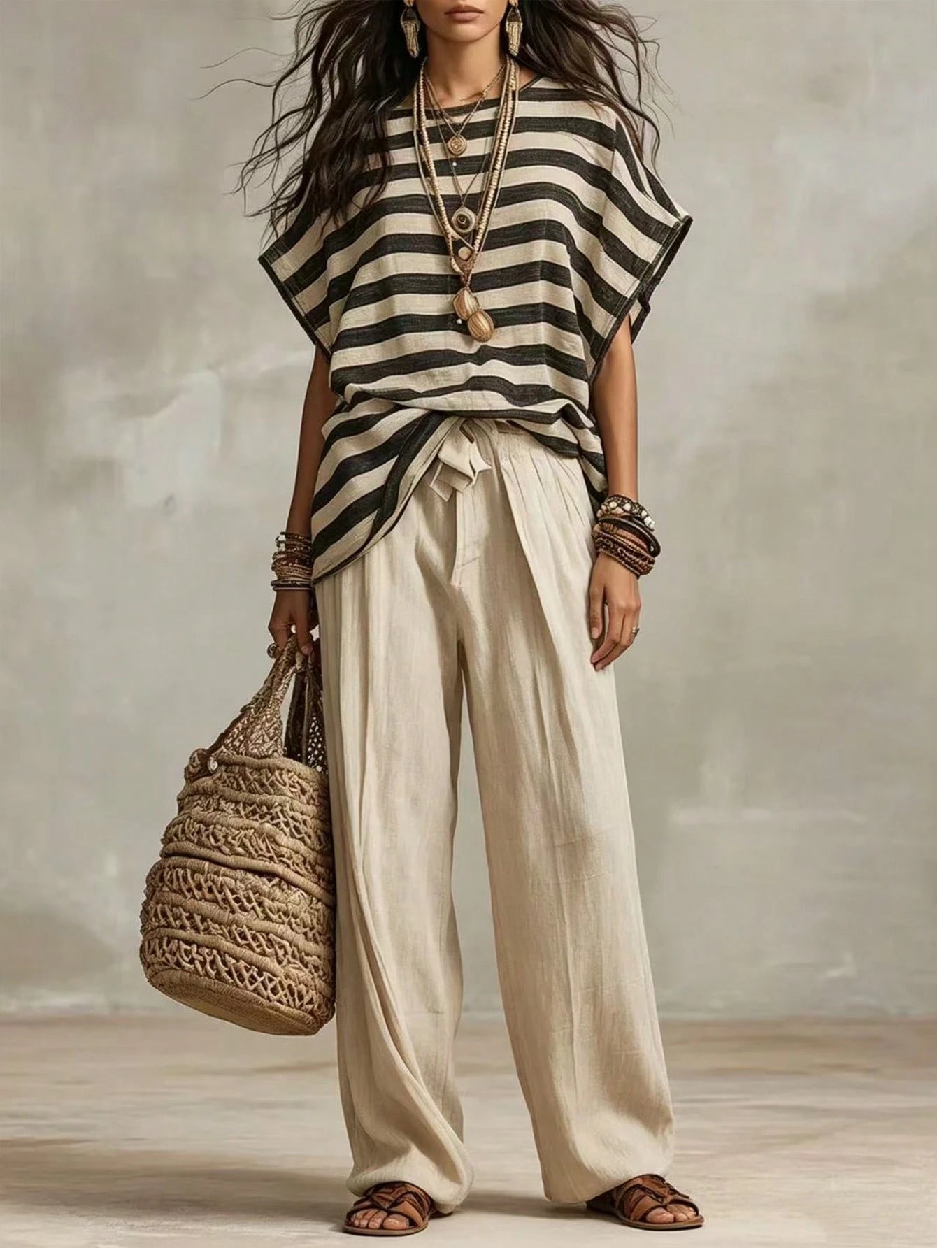 Holidaya French Elegant Woven Striped Fabric Round Neck Short Sleeve Loose Fit Faux Linen Fabric, Elegant Women's Blouse, Summer, Beach, Outing Top, Vacation, Country Style