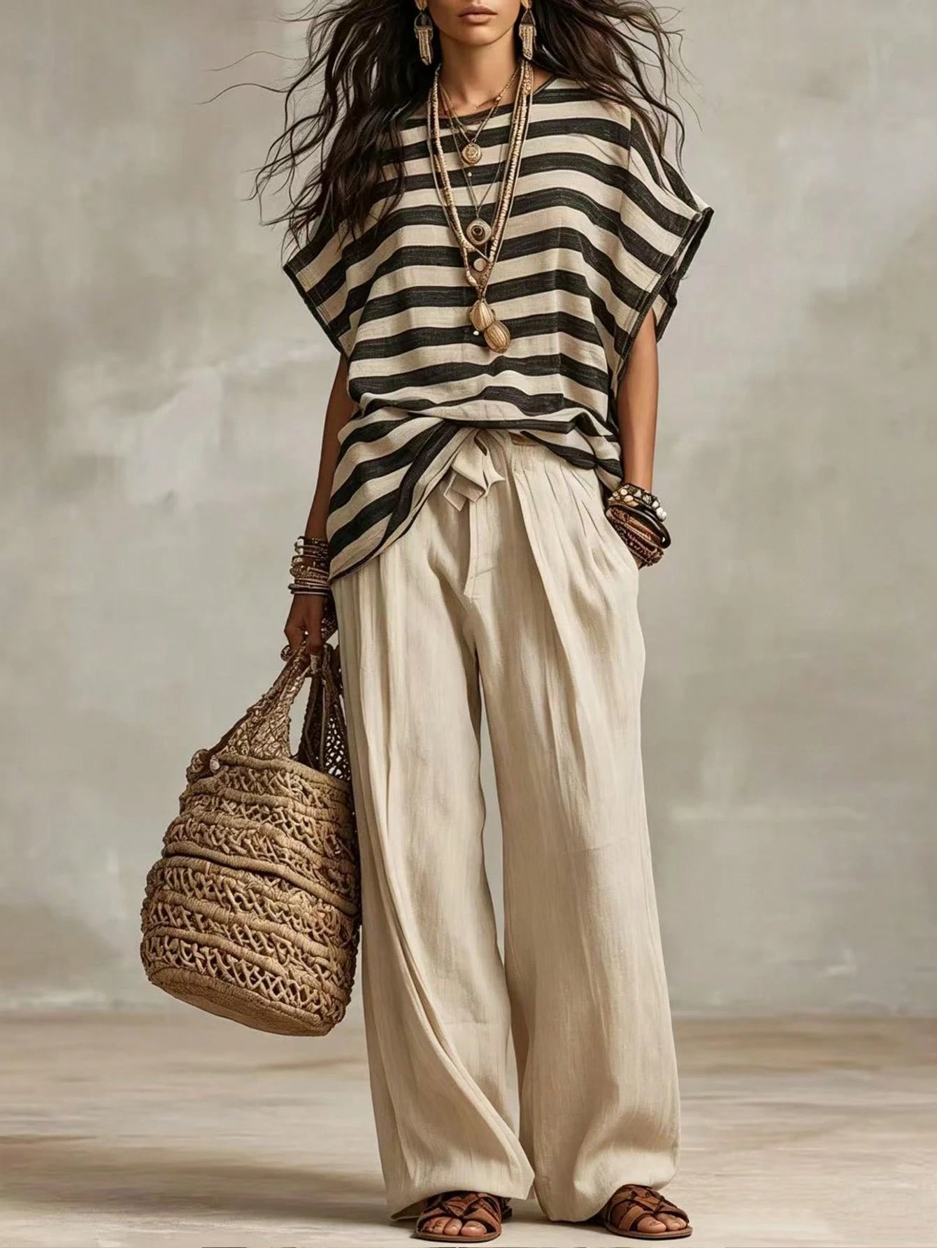 Holidaya French Elegant Woven Striped Fabric Round Neck Short Sleeve Loose Fit Faux Linen Fabric, Elegant Women's Blouse, Summer, Beach, Outing Top, Vacation, Country Style