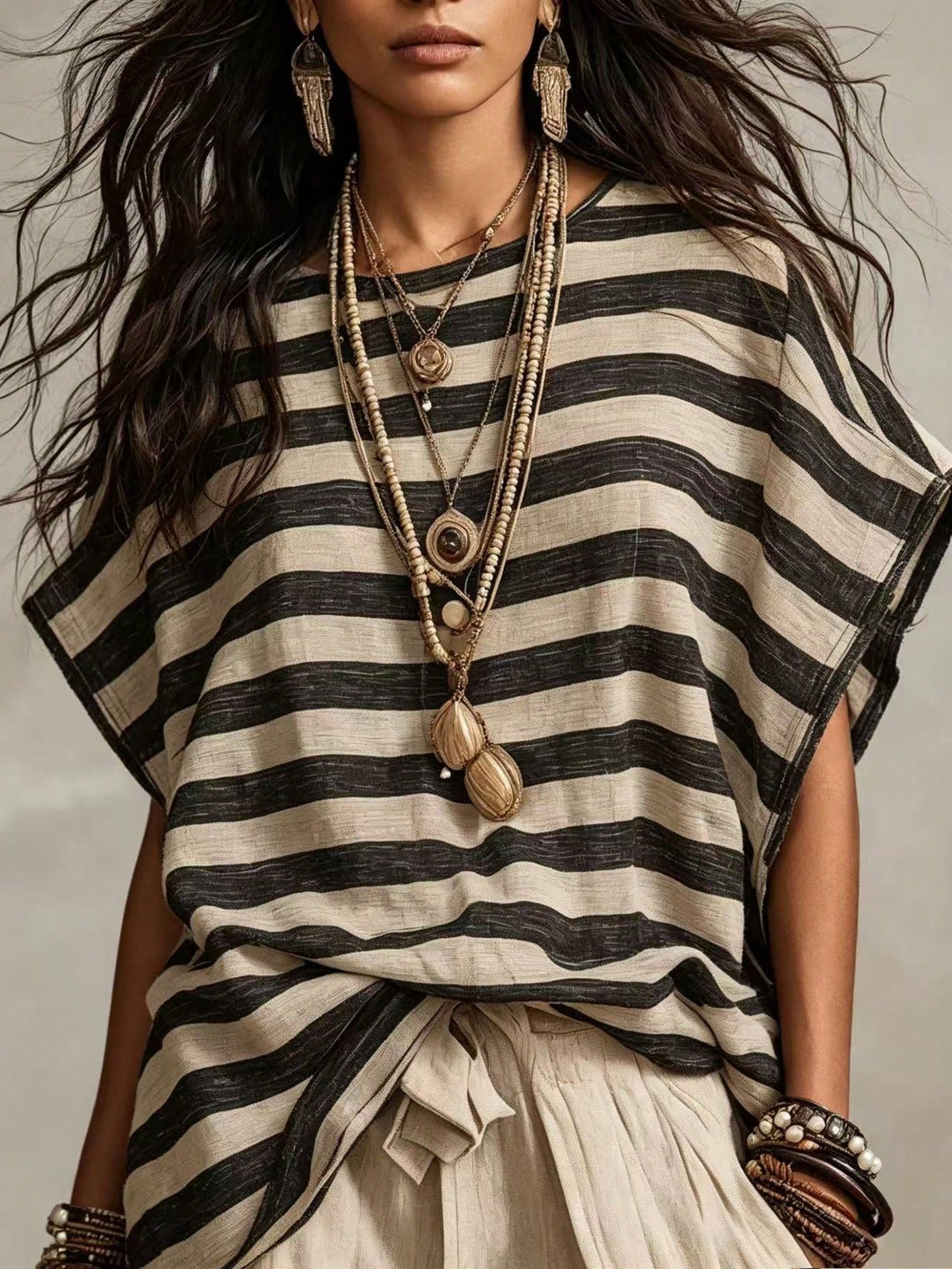 Holidaya French Elegant Woven Striped Fabric Round Neck Short Sleeve Loose Fit Faux Linen Fabric, Elegant Women's Blouse, Summer, Beach, Outing Top, Vacation, Country Style