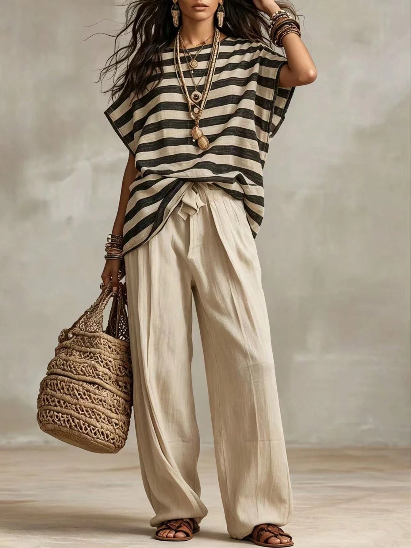 Holidaya French Elegant Woven Striped Fabric Round Neck Short Sleeve Loose Fit Faux Linen Fabric, Elegant Women's Blouse, Summer, Beach, Outing Top, Vacation, Country Style