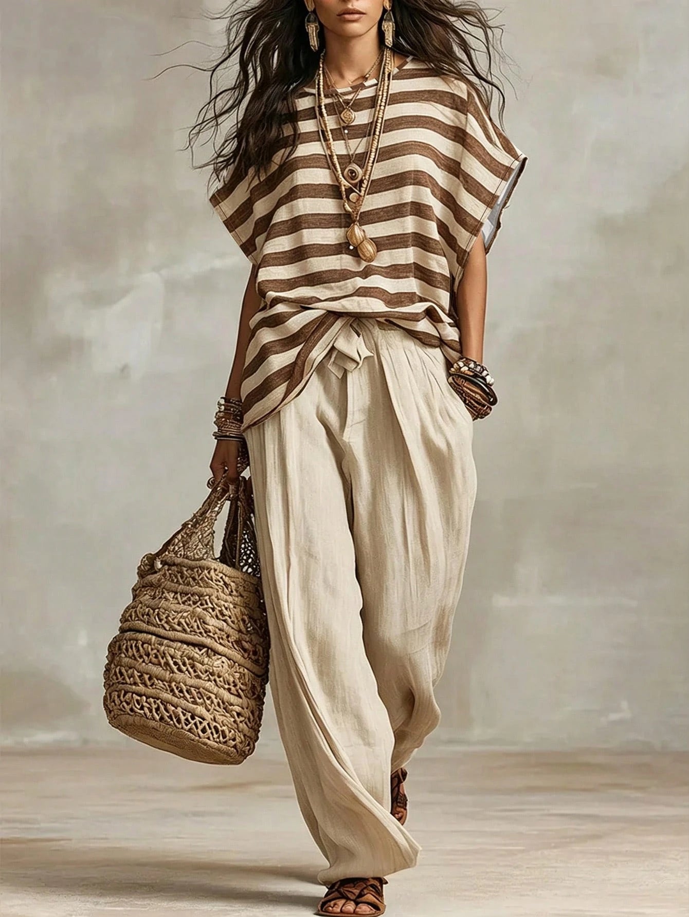 Holidaya French Elegant Woven Striped Fabric Round Neck Short Sleeve Loose Fit Faux Linen Fabric, Elegant Women's Blouse, Summer, Beach, Outing Top, Vacation, Country Style