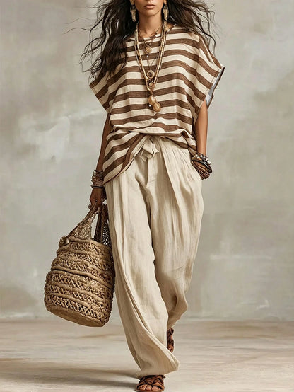 Holidaya French Elegant Woven Striped Fabric Round Neck Short Sleeve Loose Fit Faux Linen Fabric, Elegant Women's Blouse, Summer, Beach, Outing Top, Vacation, Country Style