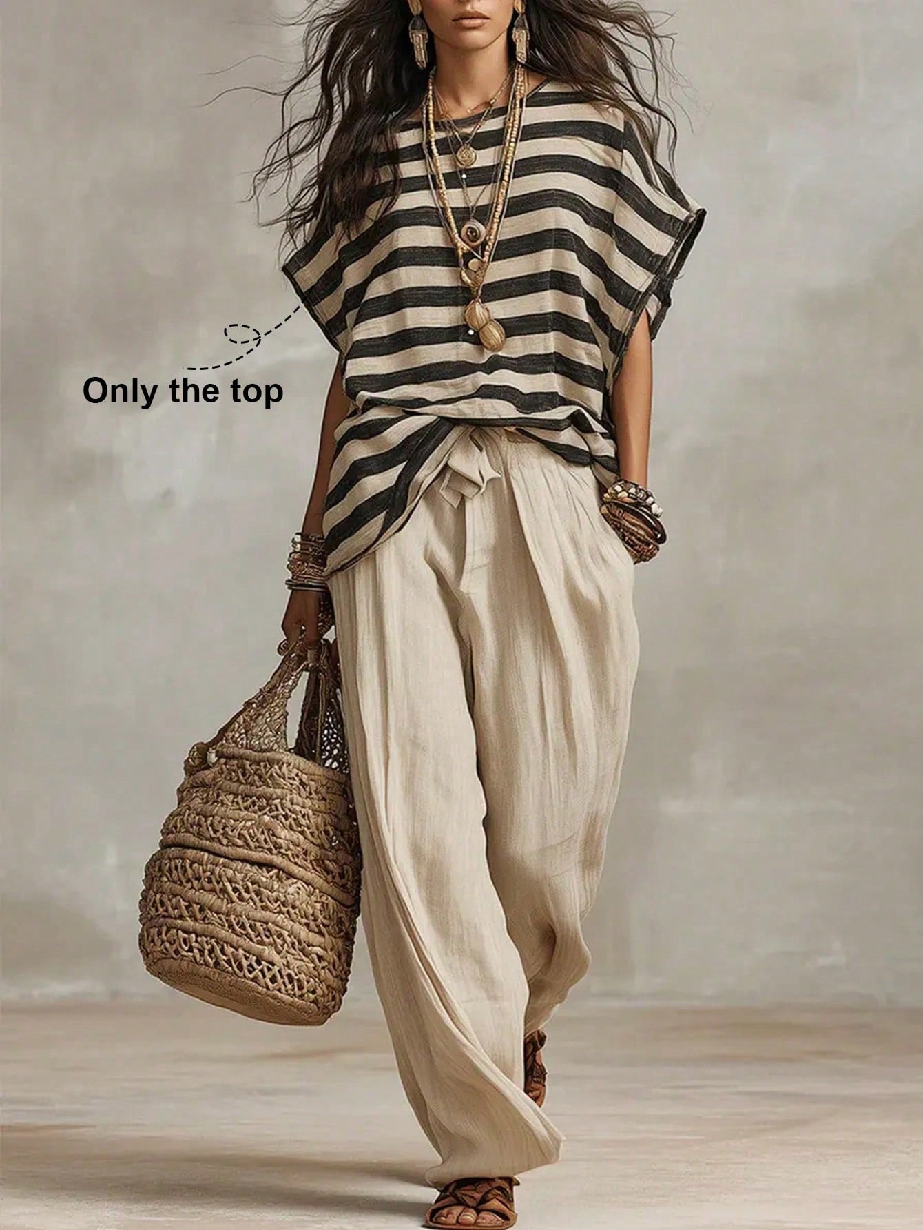 Holidaya French Elegant Woven Striped Fabric Round Neck Short Sleeve Loose Fit Faux Linen Fabric, Elegant Women's Blouse, Summer, Beach, Outing Top, Vacation, Country Style