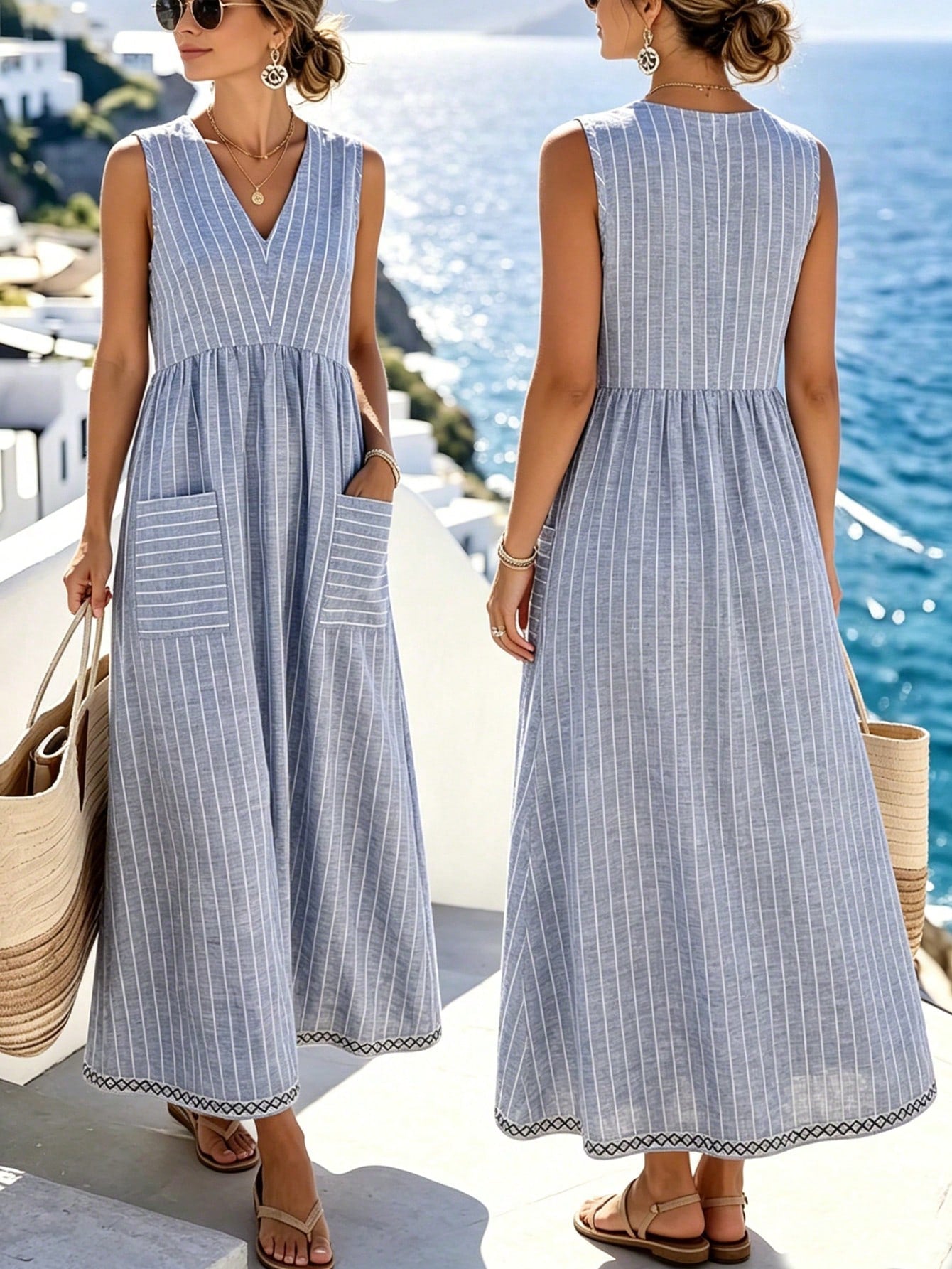 Hotletica Women's V-Neck Striped Ruched Pocket Casual Party Dress