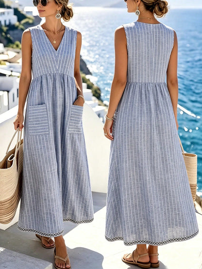 Hotletica Women's V-Neck Striped Ruched Pocket Casual Party Dress