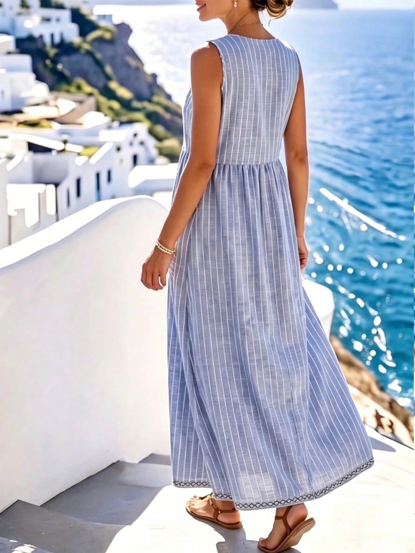 Hotletica Women's V-Neck Striped Ruched Pocket Casual Party Dress