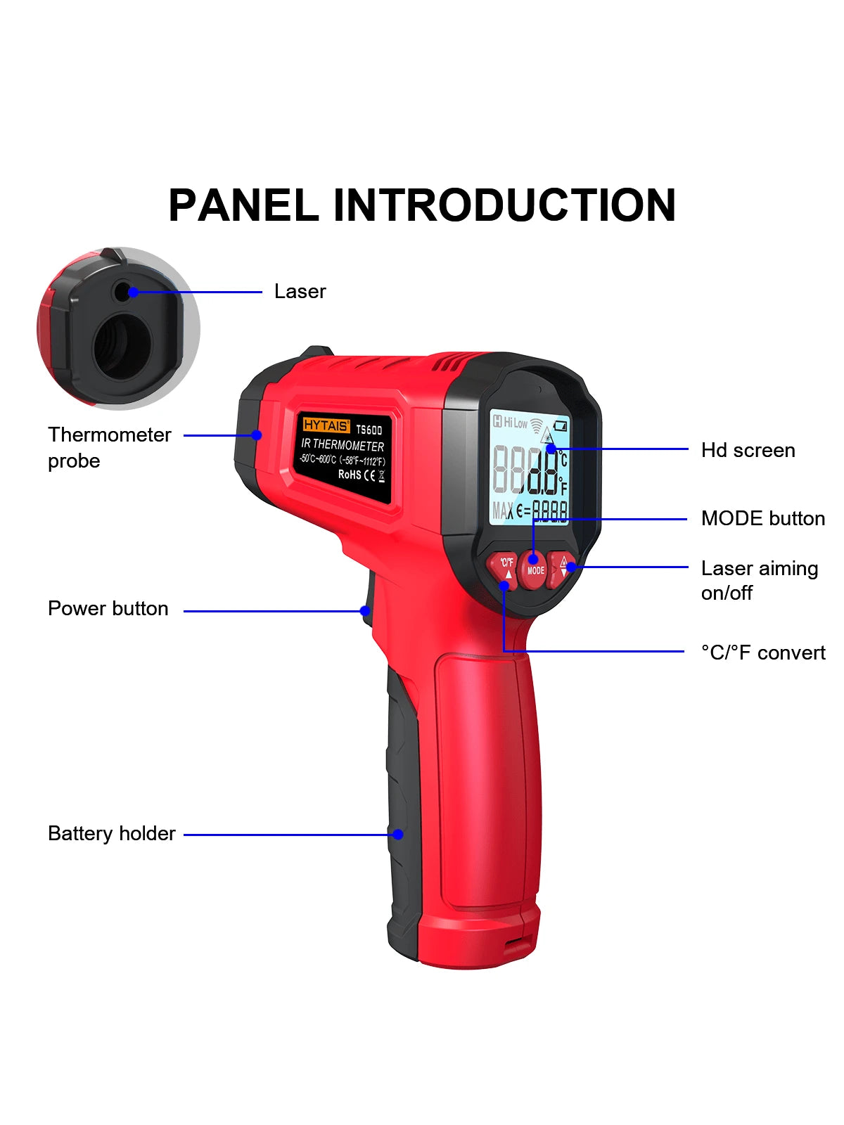 HYTAIS TS600 Digital Thermometer, Non-Contact Temperature Sensor, Non Contact IR Gun Emissivity Adjustable-50~600°C Handheld Temp Measure For Cooking Pizza Oven Industrial Outdoor