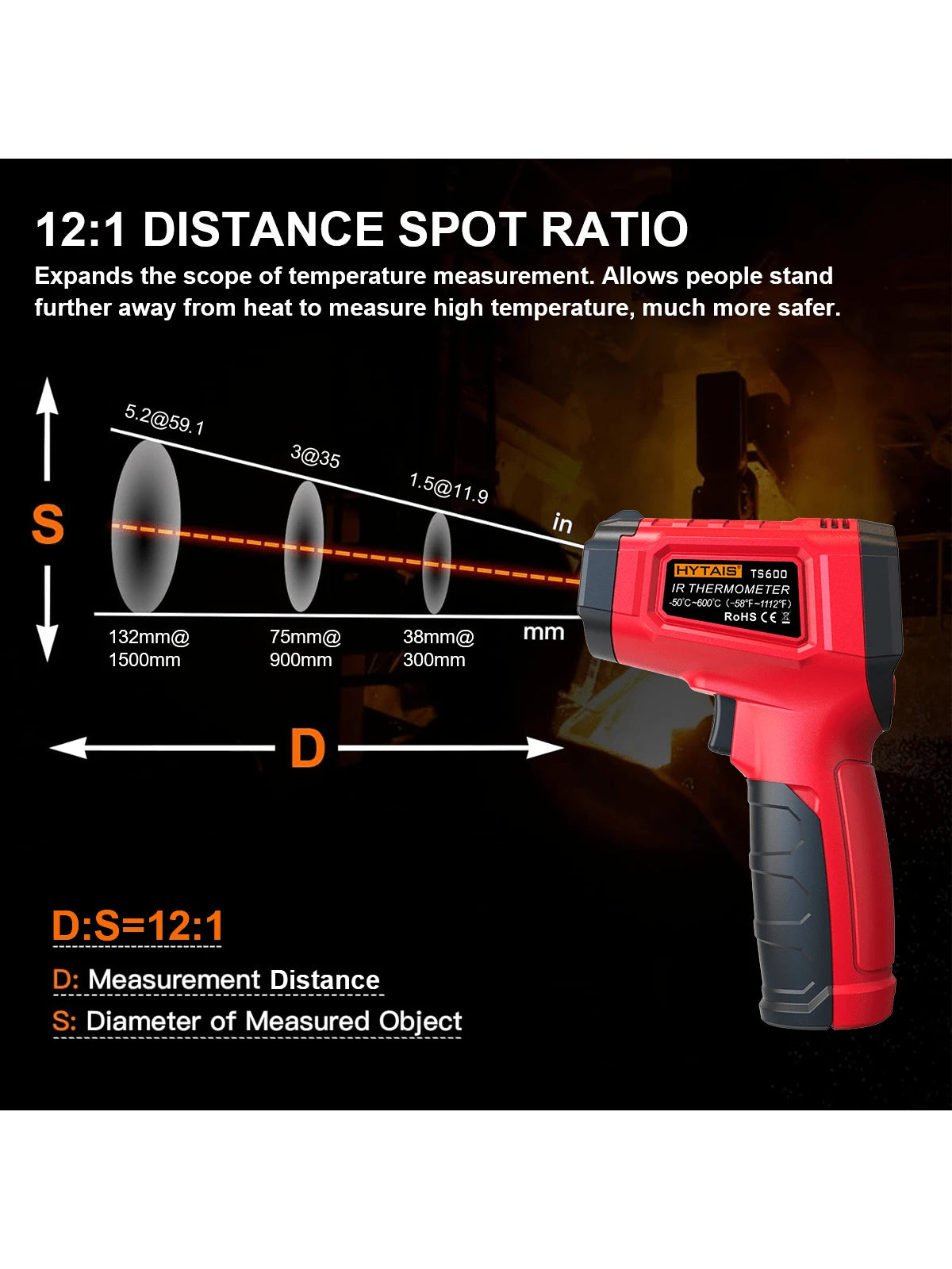 HYTAIS TS600 Digital Thermometer, Non-Contact Temperature Sensor, Non Contact IR Gun Emissivity Adjustable-50~600°C Handheld Temp Measure For Cooking Pizza Oven Industrial Outdoor