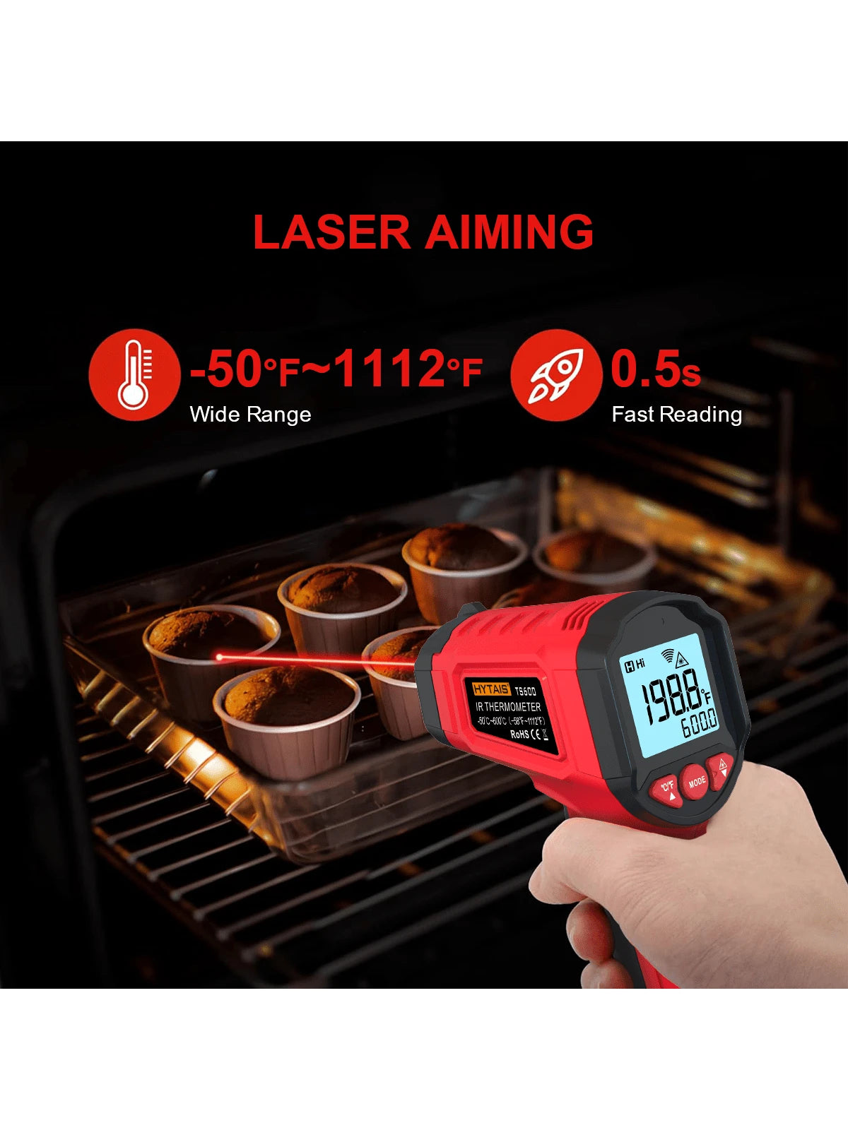 HYTAIS TS600 Digital Thermometer, Non-Contact Temperature Sensor, Non Contact IR Gun Emissivity Adjustable-50~600°C Handheld Temp Measure For Cooking Pizza Oven Industrial Outdoor