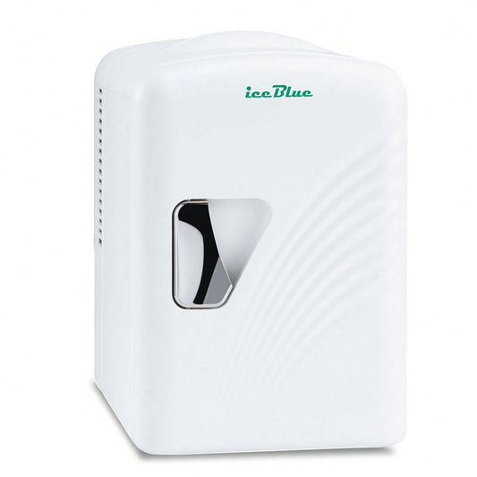 iceBlue 4L Deluxe Portable Mini Fridge- Skincare Fridge With Heating And Refrigeration Functions That Can Hold Up To Six 12-Ounce Cans, Available In Pink And White.