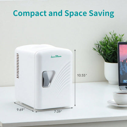 iceBlue 4L Deluxe Portable Mini Fridge- Skincare Fridge With Heating And Refrigeration Functions That Can Hold Up To Six 12-Ounce Cans, Available In Pink And White.