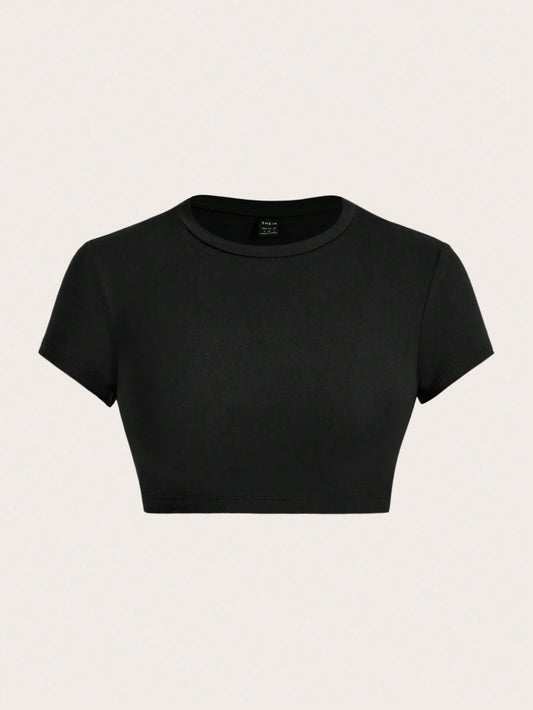 ICON Casual Minimalist Solid Color Round Neck Short Sleeve Cropped Fitted T-Shirt For Women, Summer Suitable For Going Out