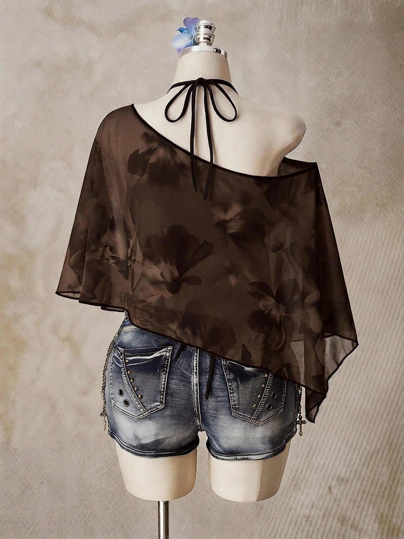 ICON Casual Romantic Floral Print Plus Size Mesh Brown Top For Women