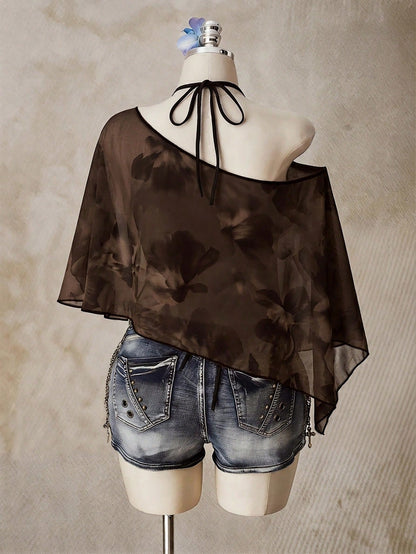 ICON Casual Romantic Floral Print Plus Size Mesh Brown Top For Women