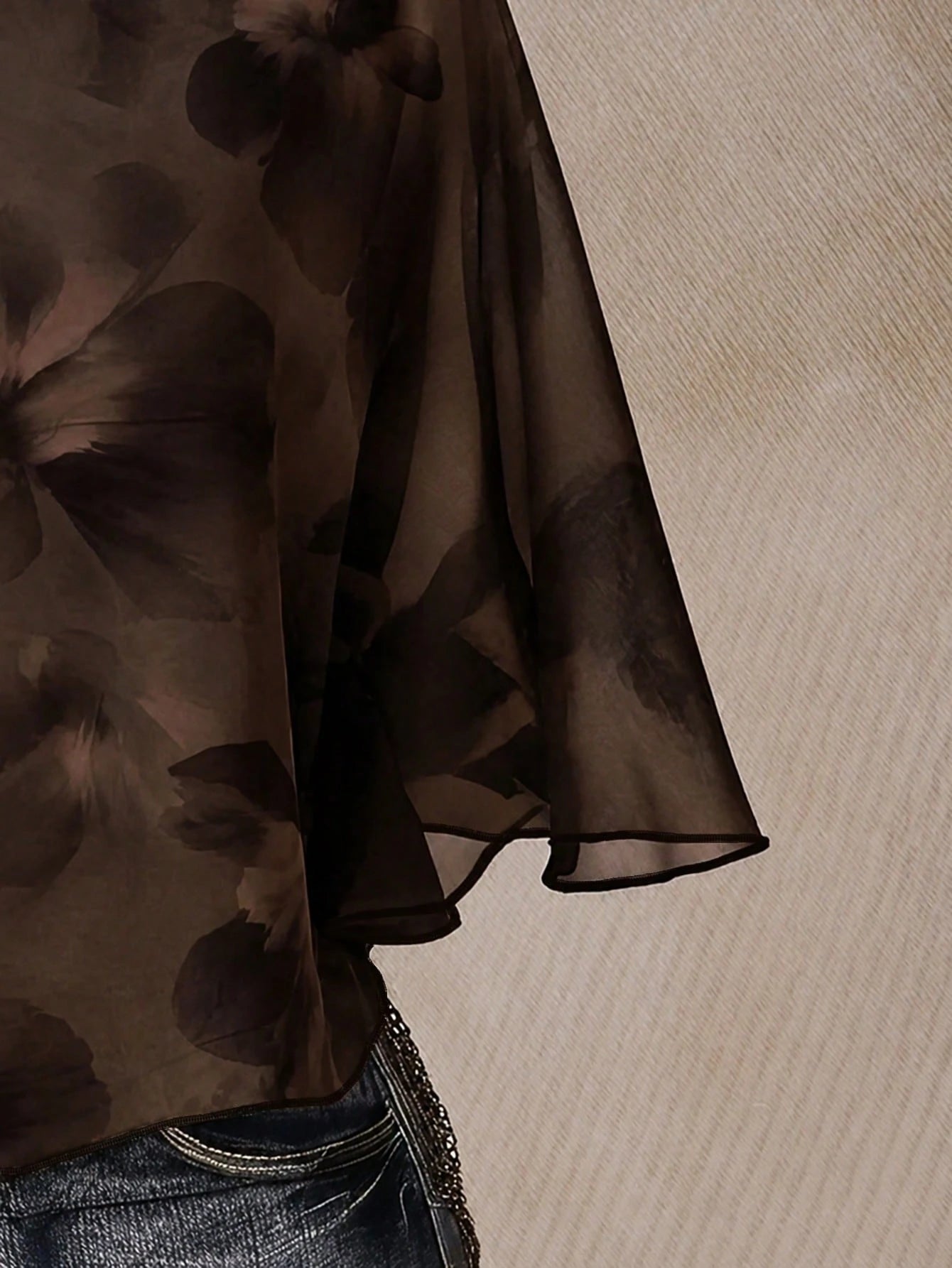 ICON Casual Romantic Floral Print Plus Size Mesh Brown Top For Women