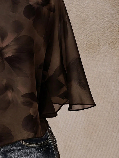 ICON Casual Romantic Floral Print Plus Size Mesh Brown Top For Women
