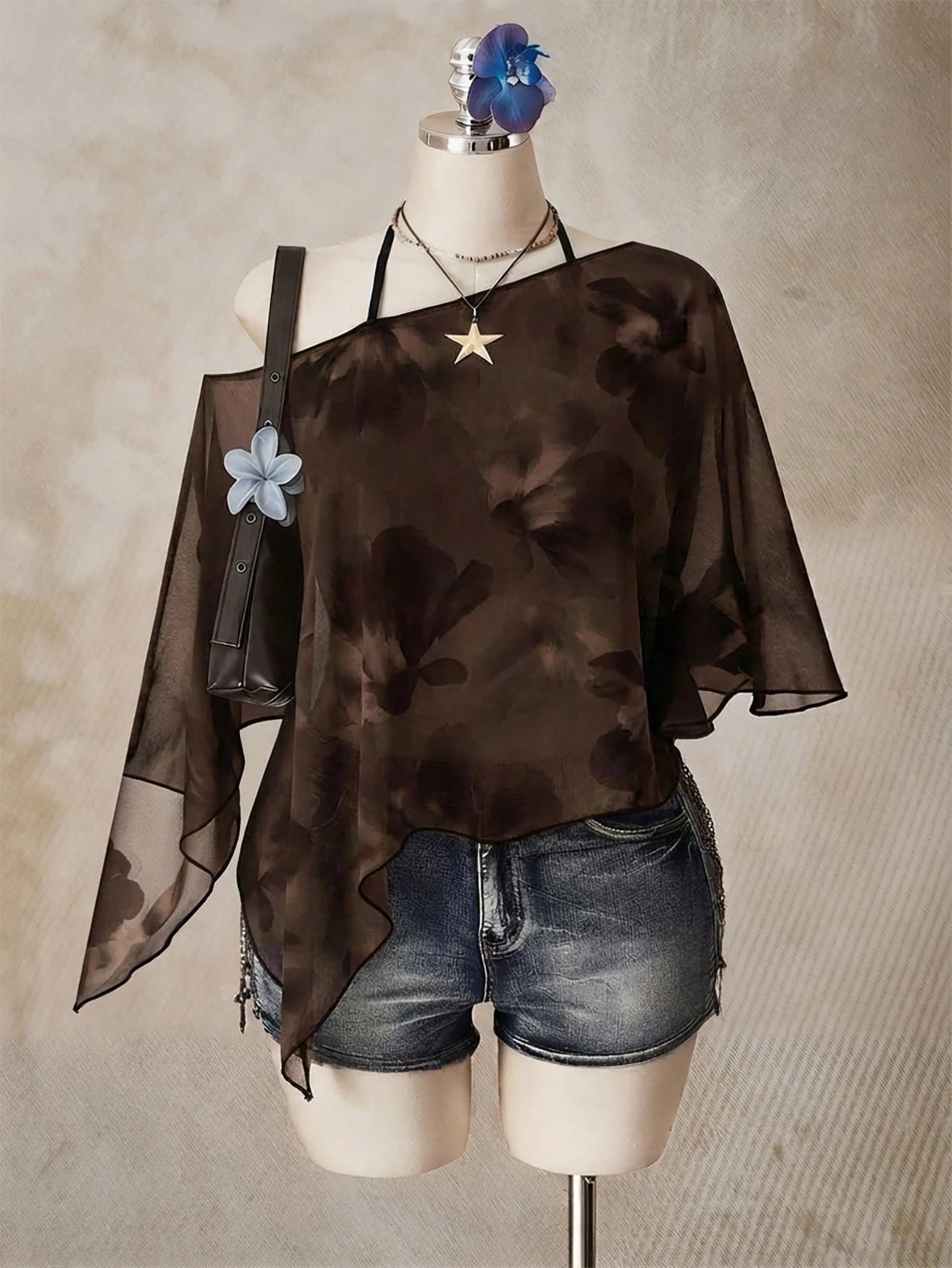 ICON Casual Romantic Floral Print Plus Size Mesh Brown Top For Women