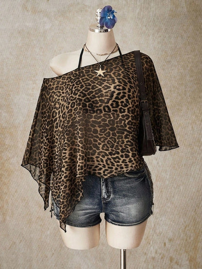 ICON Casual Romantic Floral Print Plus Size Mesh Brown Top For Women