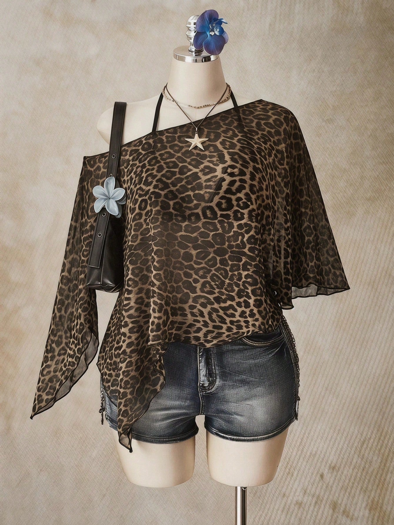 ICON Casual Romantic Floral Print Plus Size Mesh Brown Top For Women