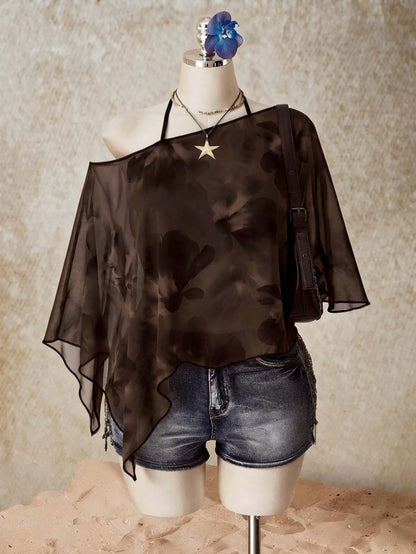 ICON Casual Romantic Floral Print Plus Size Mesh Brown Top For Women