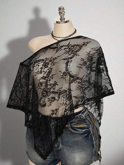 ICON Plus Size Women's Black Summer Elegant Sexy Formal Evening Night Out Club Retro Gothic Y2K Lace Off-Shoulder Asymmetric Hem Loose Semi-Sheer Top