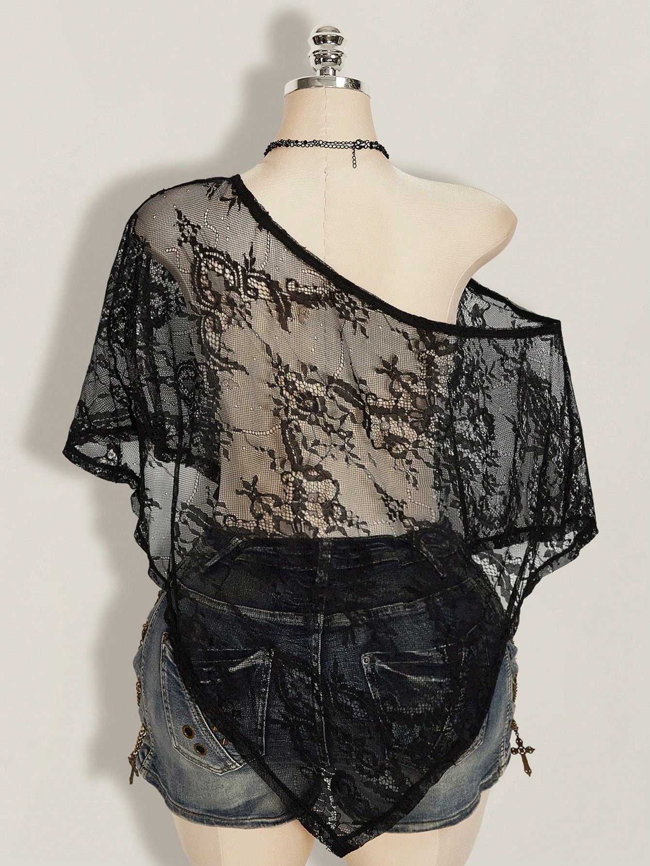 ICON Plus Size Women's Black Summer Elegant Sexy Formal Evening Night Out Club Retro Gothic Y2K Lace Off-Shoulder Asymmetric Hem Loose Semi-Sheer Top