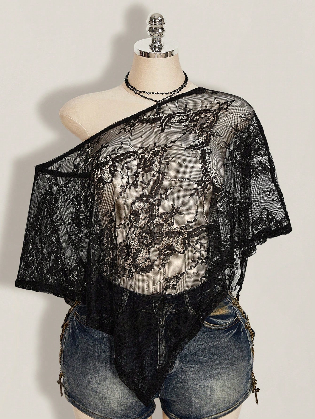 ICON Plus Size Women's Black Summer Elegant Sexy Formal Evening Night Out Club Retro Gothic Y2K Lace Off-Shoulder Asymmetric Hem Loose Semi-Sheer Top