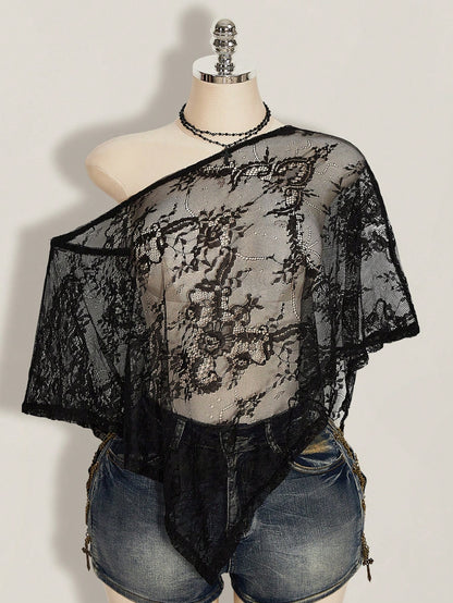 ICON Plus Size Women's Black Summer Elegant Sexy Formal Evening Night Out Club Retro Gothic Y2K Lace Off-Shoulder Asymmetric Hem Loose Semi-Sheer Top