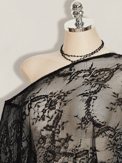ICON Plus Size Women's Black Summer Elegant Sexy Formal Evening Night Out Club Retro Gothic Y2K Lace Off-Shoulder Asymmetric Hem Loose Semi-Sheer Top