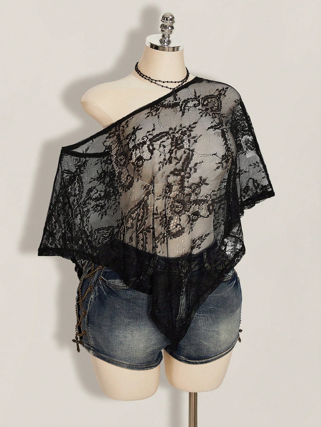 ICON Plus Size Women's Black Summer Elegant Sexy Formal Evening Night Out Club Retro Gothic Y2K Lace Off-Shoulder Asymmetric Hem Loose Semi-Sheer Top
