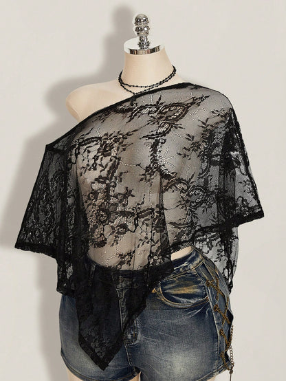 ICON Plus Size Women's Black Summer Elegant Sexy Formal Evening Night Out Club Retro Gothic Y2K Lace Off-Shoulder Asymmetric Hem Loose Semi-Sheer Top
