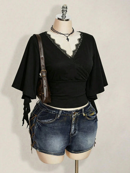 ICON Plus Size Women's Retro Elegant Goth Black Lace V-Neck Ruffle Sleeve Fitted T-Shirt,Autumn Y2K Night Out Club Fashion Music Festival Basic Top