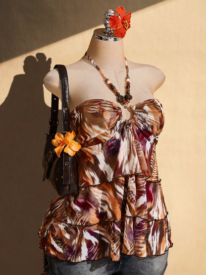 ICON Plus Size Women's Retro Sexy Fashion Bold Bohemian Beach Vacation Night Y2K Zebra Print Chocolate Brown Backless Beaded Multi-Layer Ruffle Top Summer