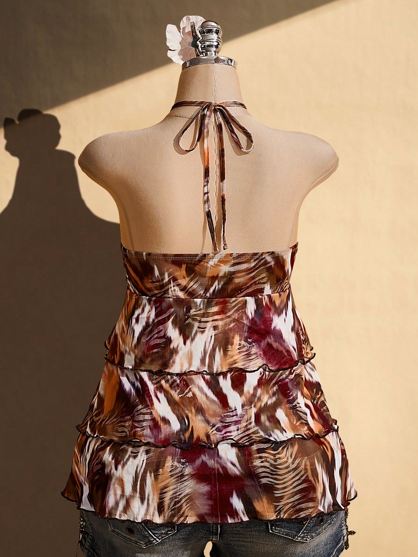 ICON Plus Size Women's Retro Sexy Fashion Bold Bohemian Beach Vacation Night Y2K Zebra Print Chocolate Brown Backless Beaded Multi-Layer Ruffle Top Summer