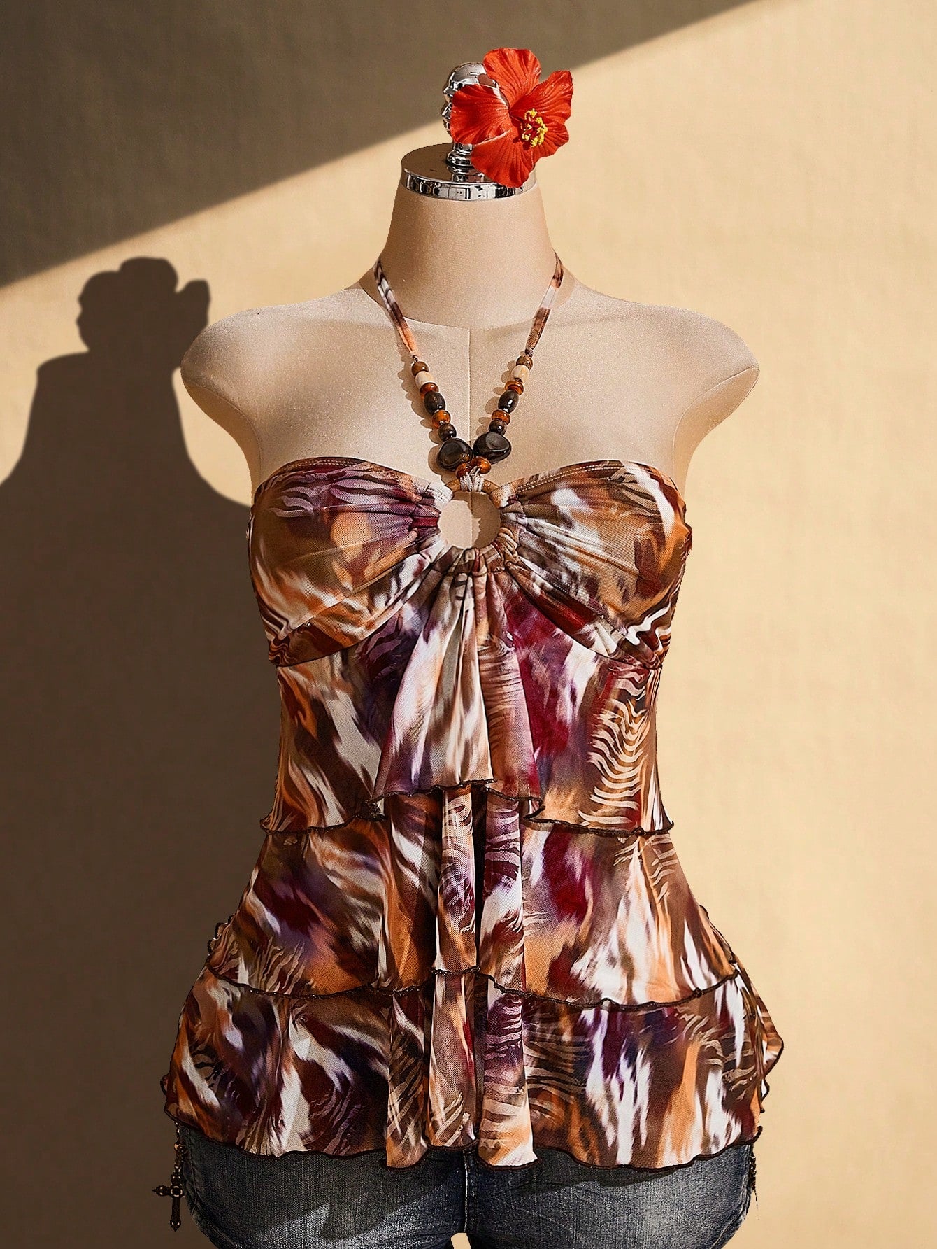 ICON Plus Size Women's Retro Sexy Fashion Bold Bohemian Beach Vacation Night Y2K Zebra Print Chocolate Brown Backless Beaded Multi-Layer Ruffle Top Summer