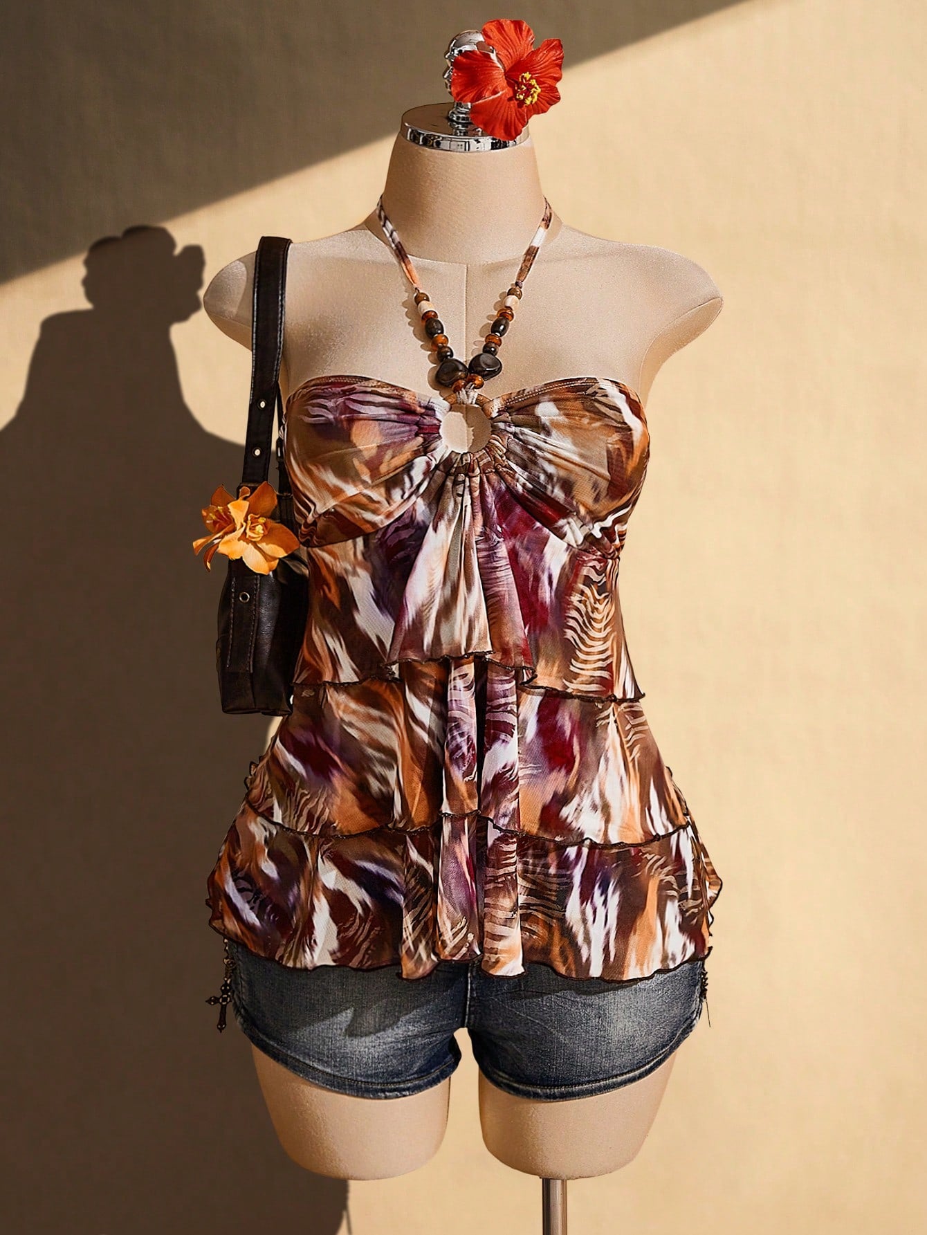 ICON Plus Size Women's Retro Sexy Fashion Bold Bohemian Beach Vacation Night Y2K Zebra Print Chocolate Brown Backless Beaded Multi-Layer Ruffle Top Summer